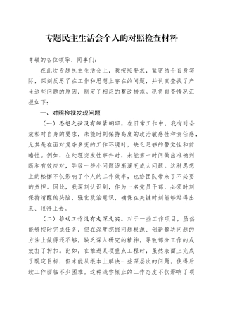 专题民主生活会个人的对照检查材料