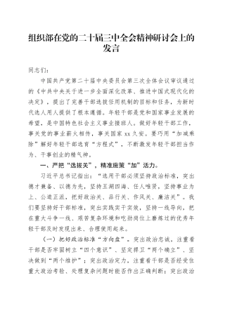 组织部在党的二十届三中全会精神研讨会上的发言