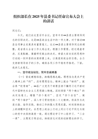 组织部长在2025年县委书记任命宣布大会上的讲话