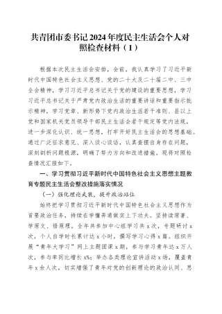 【2篇】共青团市委书记2024年度民主生活会个人对照检查材料（含上年度整改、案例剖析，四个带头，纪律规矩团结统一、党性纪律作风、清正廉洁、从严治党，检视剖析，发言提纲）20250319