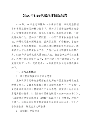 20XX年行政执法总体情况报告