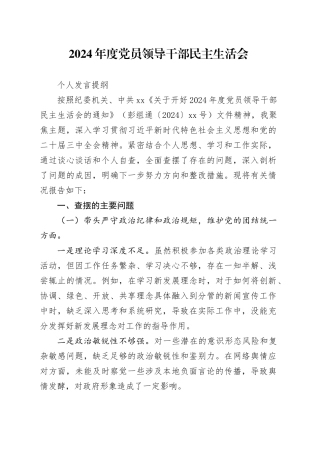 2024年度党员领导干部民主生活会个人发言提纲