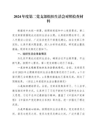 2024年度第二党支部组织生活会对照检查材料
