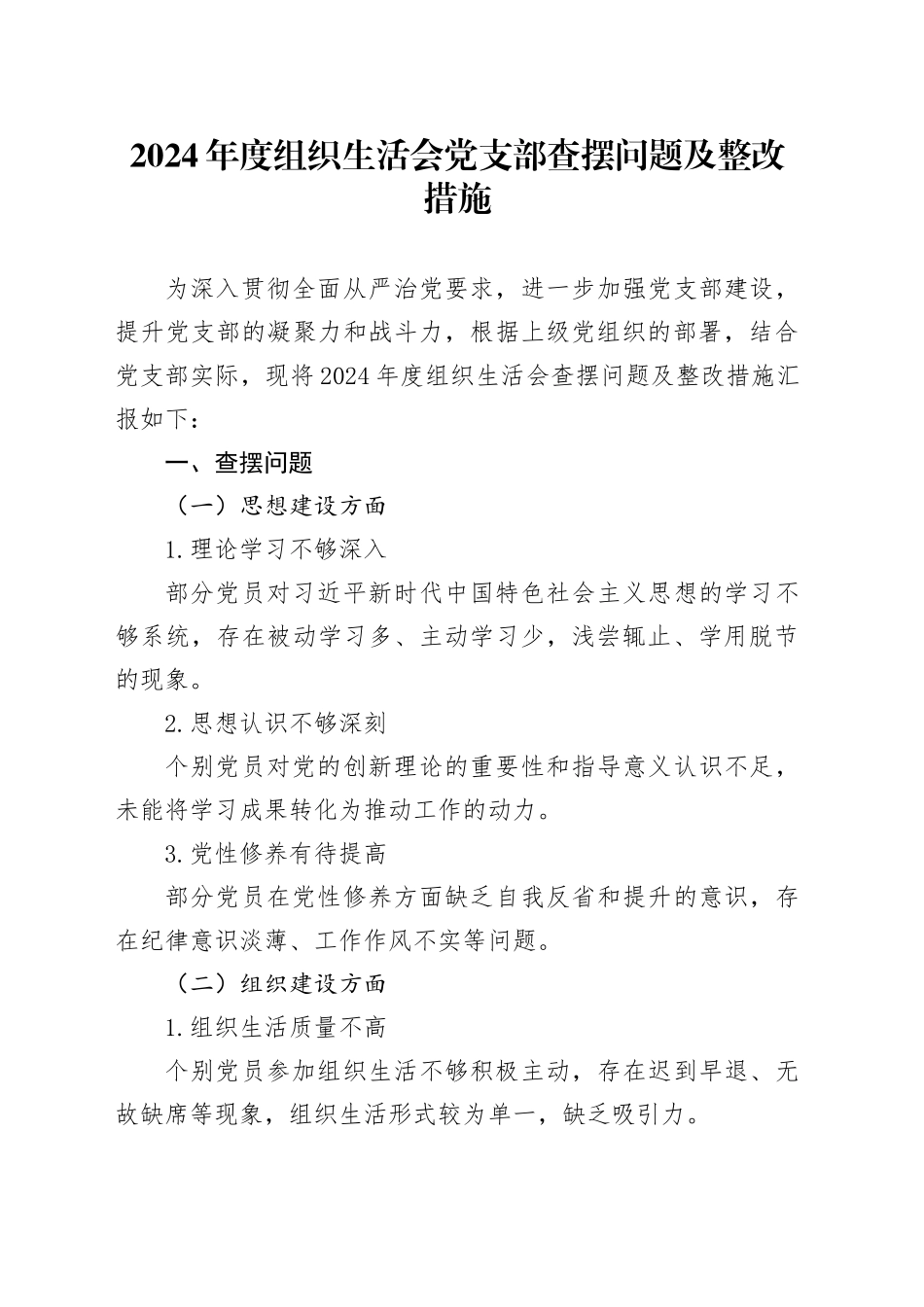 2024年度组织生活会党支部查摆问题及整改措施_第1页