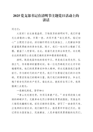 2025党支部书记在清明节主题党日活动上的讲话