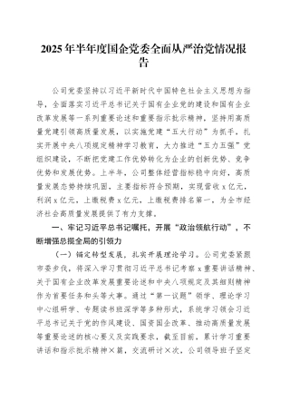 2025年半年度国企党委全面从严治党情况报告