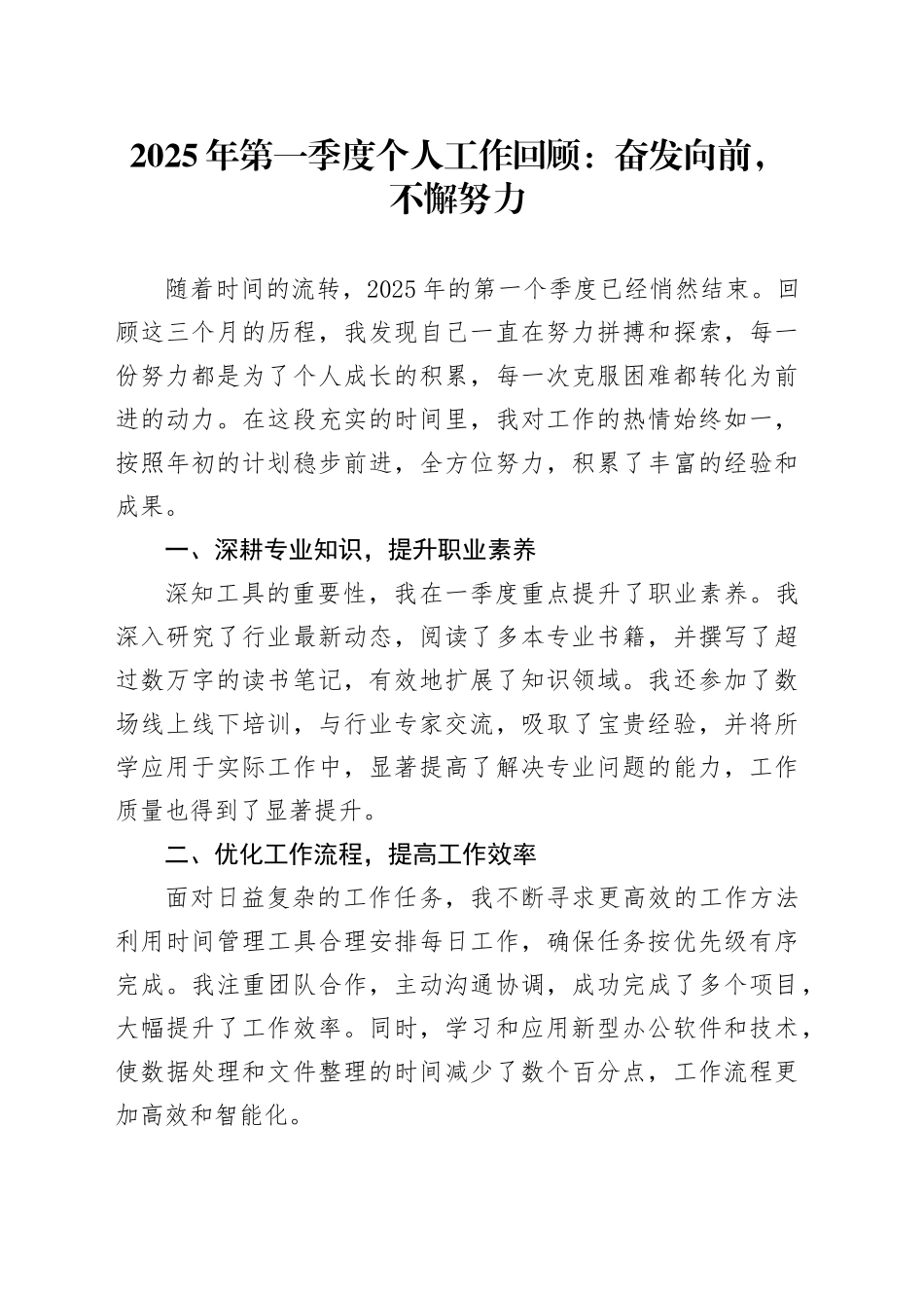 2025年第一季度个人工作回顾：奋发向前，不懈努力_第1页