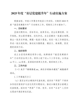 2025年度“基层党建提升年”行动实施方案
