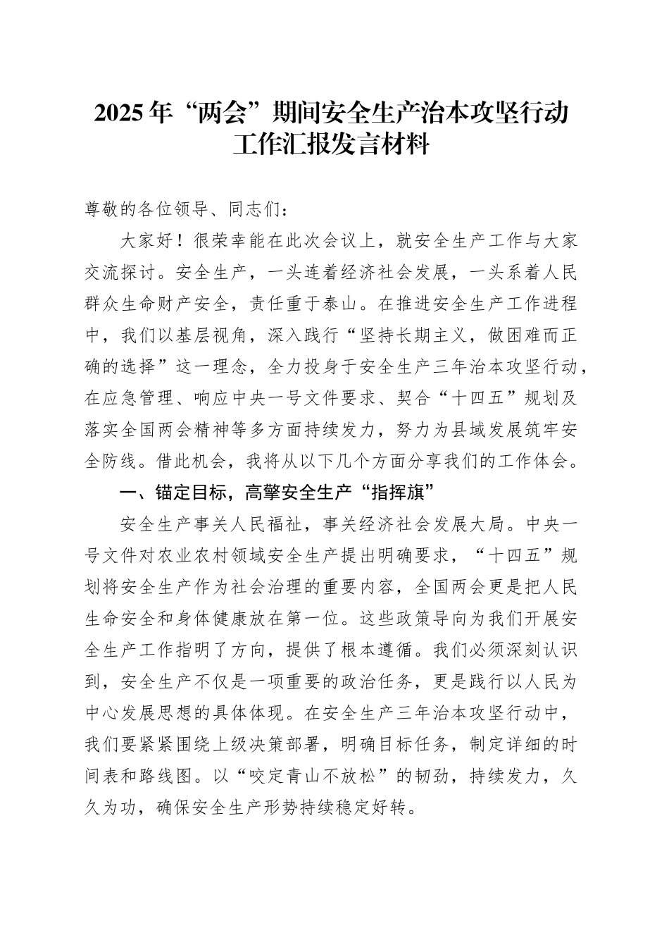 2025年两会期间安全生产治本攻坚行动工作汇报发言材料20250314_第1页