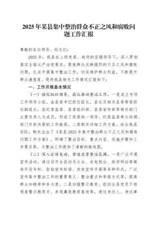 2025年某县集中整治群众不正之风和腐败问题工作汇报
