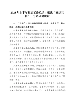 2025年上半年党建工作总结：聚焦“五基三化”，夯基础提质量