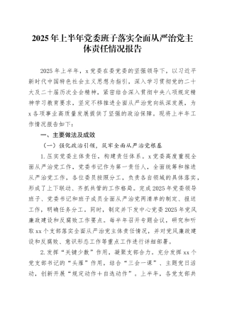 2025年上半年党委班子落实全面从严治党主体责任情况报告