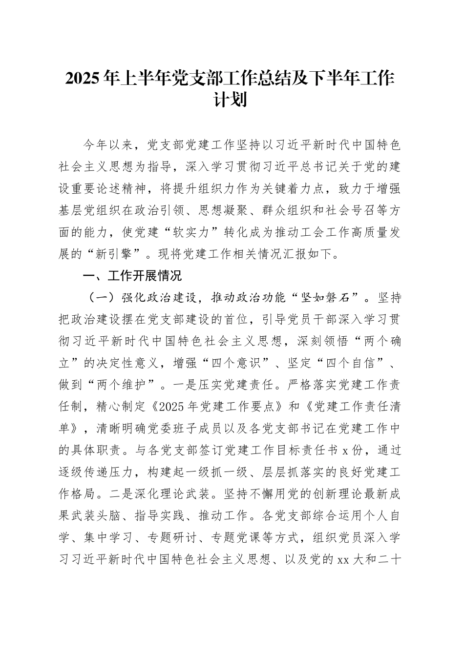 2025年上半年党支部工作总结及下半年工作计划_第1页