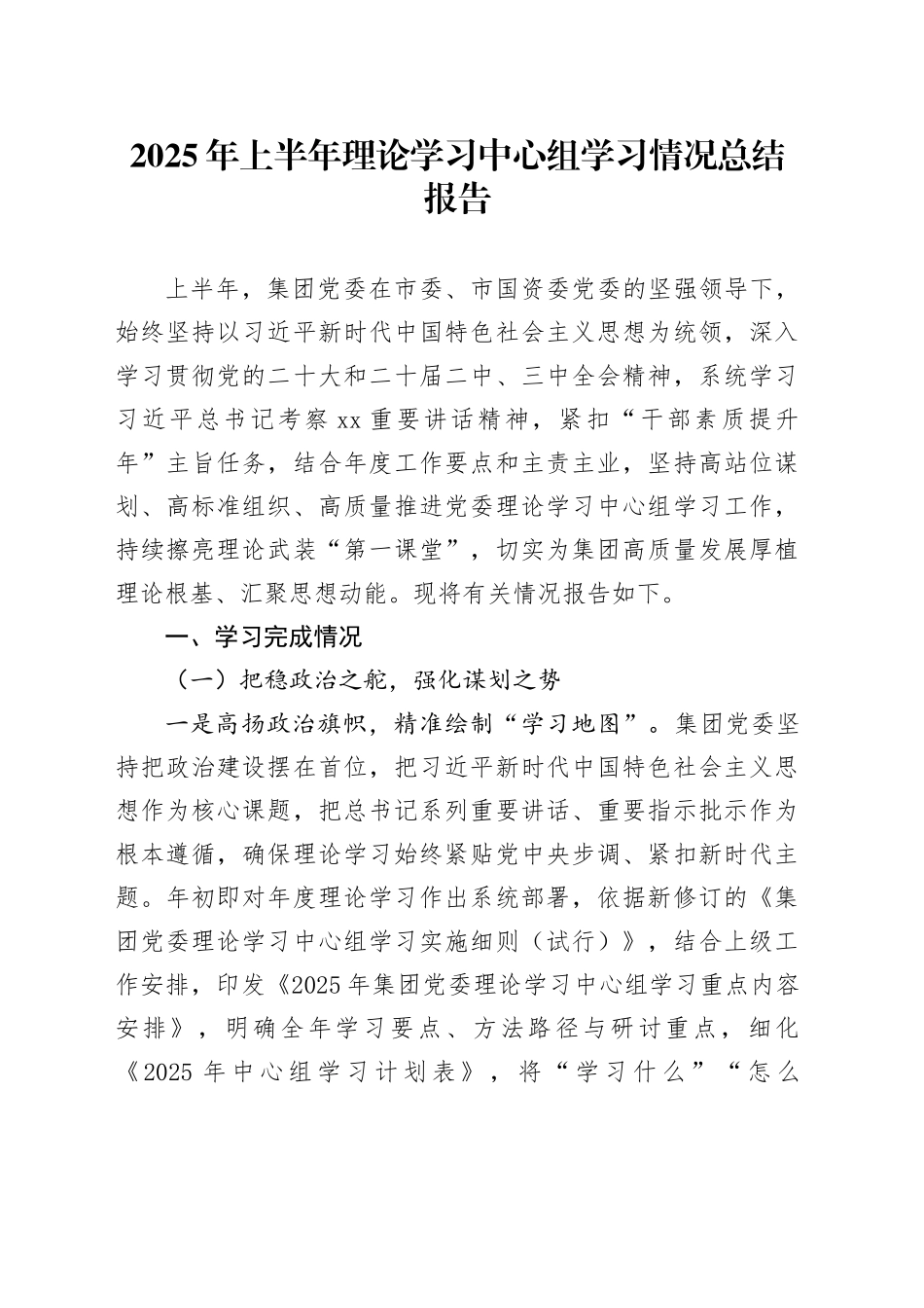 2025年上半年理论学习中心组学习情况总结报告_第1页