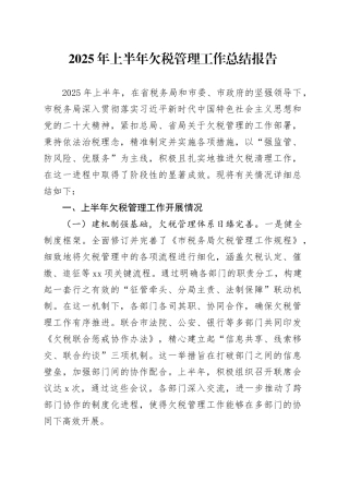 2025年上半年欠税管理工作总结报告