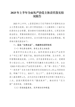 2025年上半年全面从严治党主体责任落实情况报告