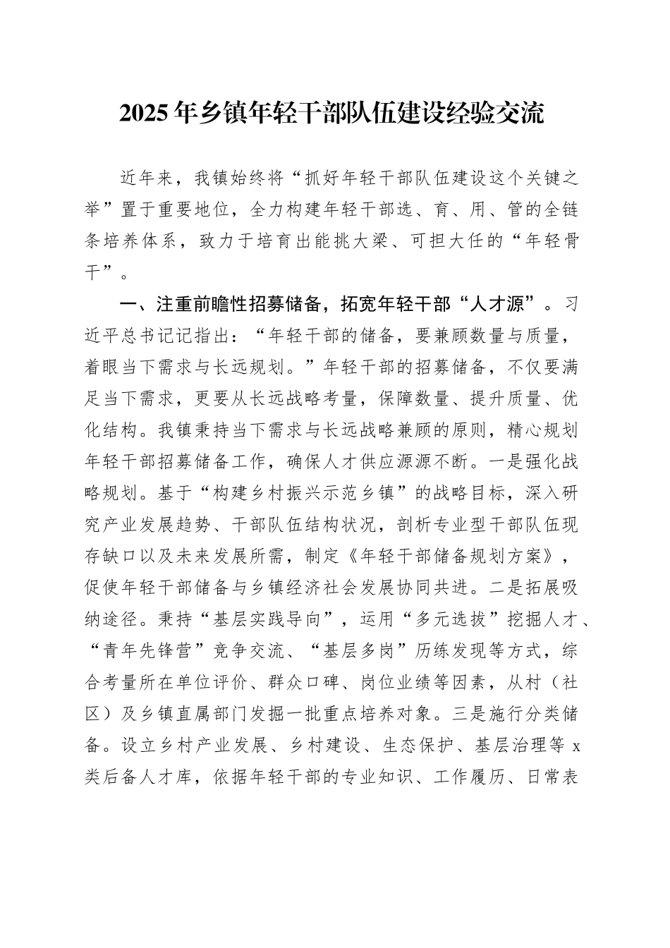 2025年乡镇街道年轻干部队伍建设经验交流_第1页