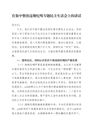 2025年在集中整治违规吃喝专题民主生活会上的讲话