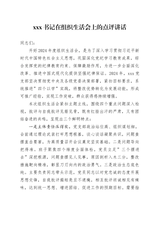 xxx书记在组织生活会上的点评讲话