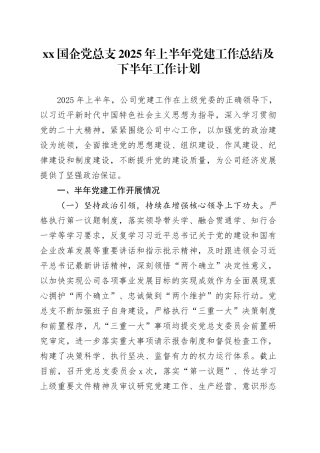 XX国企党总支2025年上半年党建工作总结及下半年工作计划