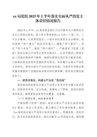 XX局党组2025年上半年落实全面从严治党主体责任情况报告