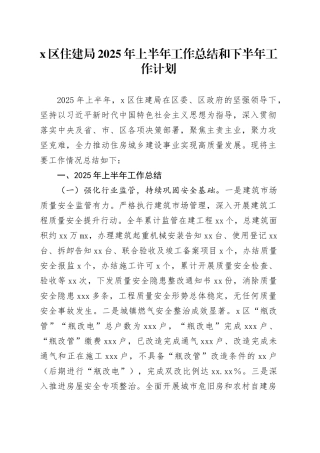 X区住建局2025年上半年工作总结和下半年工作计划