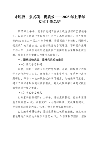 补短板、强弱项、提质效——2025年上半年党建工作总结20250723