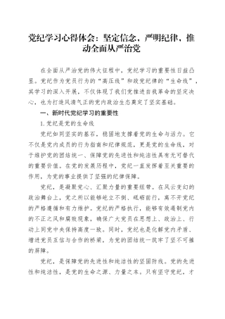 党纪学习心得体会：坚定信念，严明纪律，推动全面从严治党