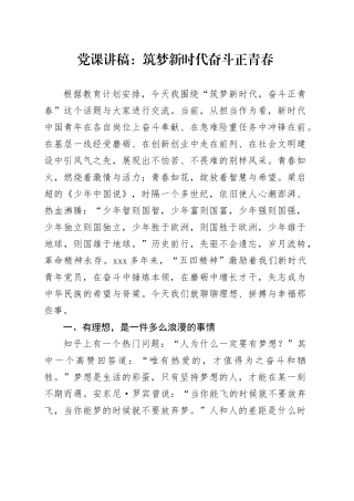 党课讲稿：筑梦新时代奋斗正青春