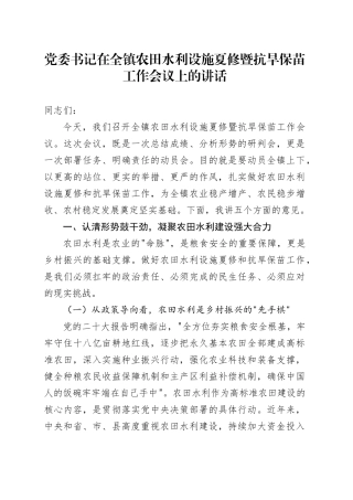 党委书记在全镇农田水利设施夏修暨抗旱保苗工作会议上的讲话