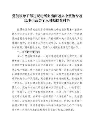 党员领导干部违规吃喝突出问题集中整治专题民主生活会个人对照检查材料