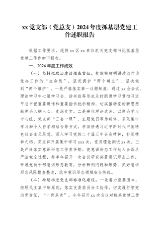 党支部（党总支）2024年度抓基层党建工作述职报告