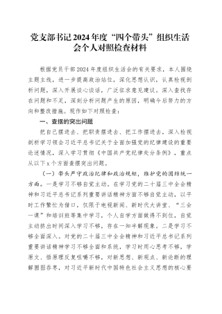 党支部书记2024年度“四个带头”组织生活会个人对照检查材料（1）