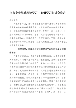 电力企业党委理论学习中心组学习研讨会发言