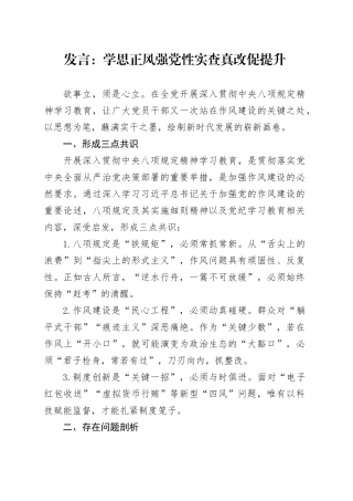 发言：学思正风强党性实查真改促提升