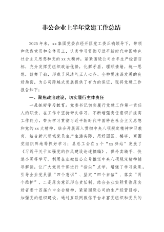非公企业上半年党建工作总结