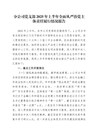 分公司党支部2025年上半年全面从严治党主体责任履行情况报告