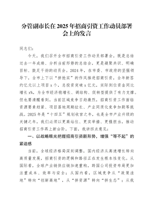 分管副市长在2025年招商引资工作动员部署会上的发言