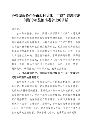 分管副市长在全市农村集体三资管理突出问题专项整治推进会上的讲话