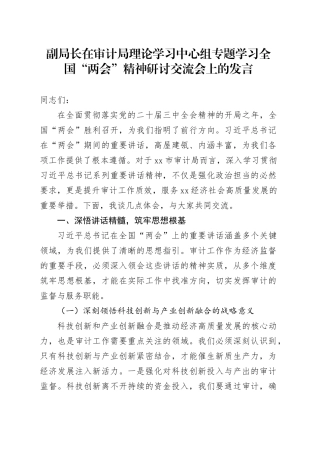副局长在审计局理论学习中心组专题学习全国“两会”精神研讨交流会上的发言