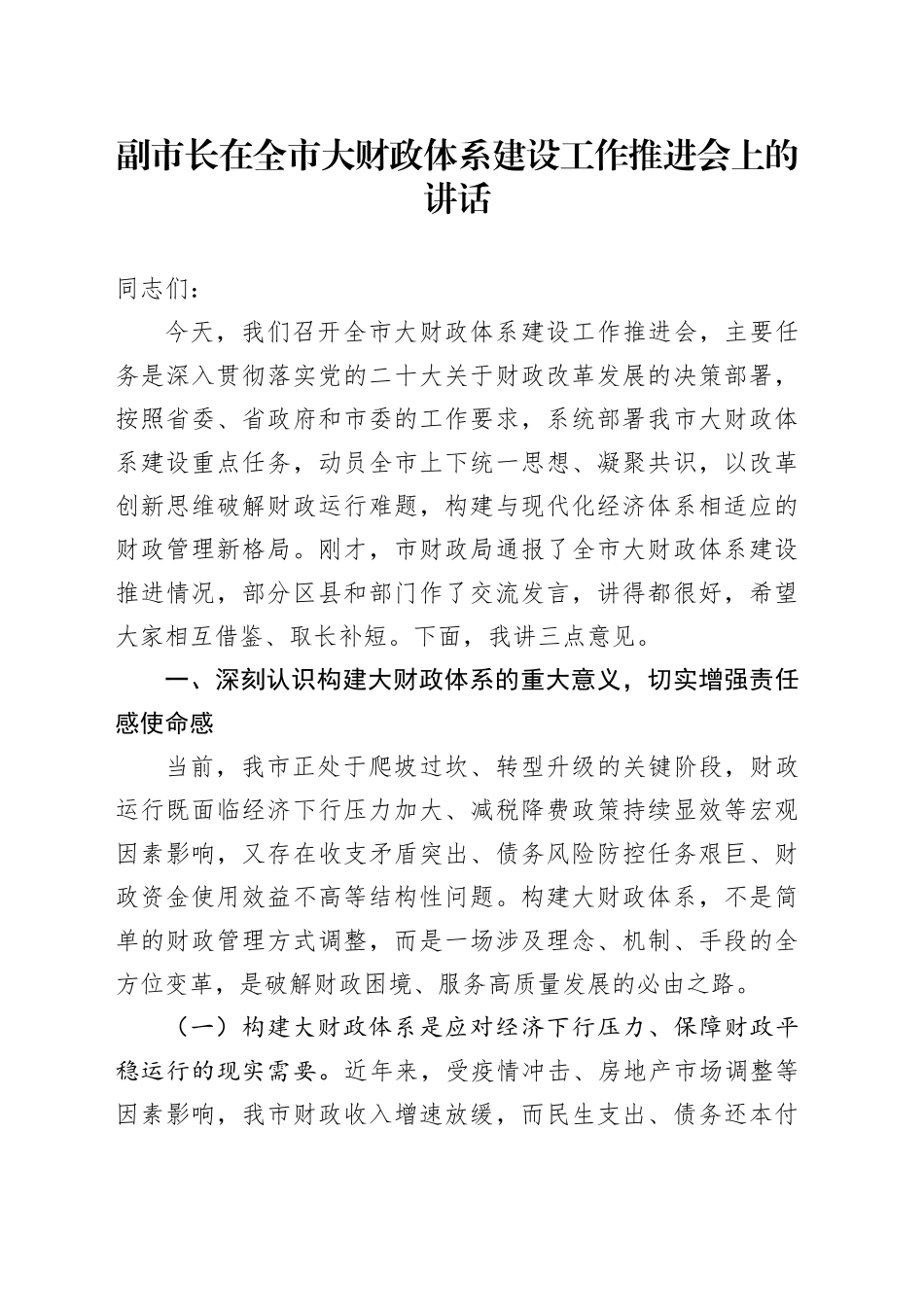 副市长在全市大财政体系建设工作推进会上的讲话_第1页