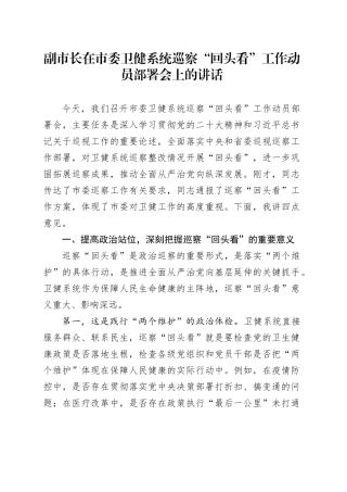 副市长在市委卫健系统巡察“回头看”工作动员部署会上的讲话