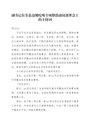 副书记在全县违规吃喝专项整治动员部署会上的主持词