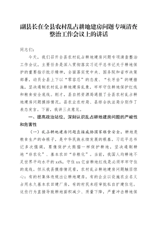 副县长在全县农村乱占耕地建房问题专项清查整治工作会议上的讲话
