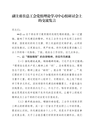 副主席在总工会党组理论学习中心组违规吃喝问题研讨会上的交流发言