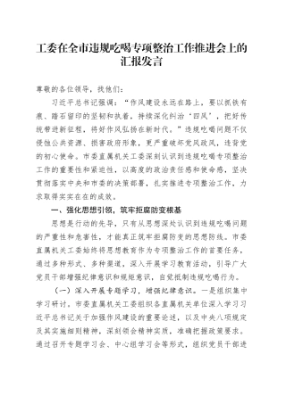工委在全市违规吃喝专项整治工作推进会上的汇报发言