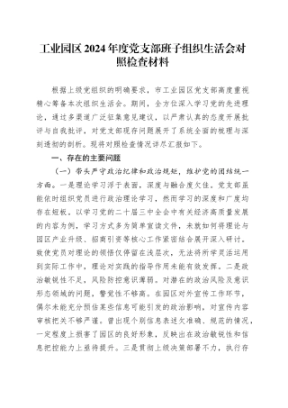 工业园区2024年度党支部班子组织生活会对照检查材料（四个带头，纪律规矩团结统一、党性纪律作风、清正廉洁、从严治党，检视剖析，发言提纲）20250319