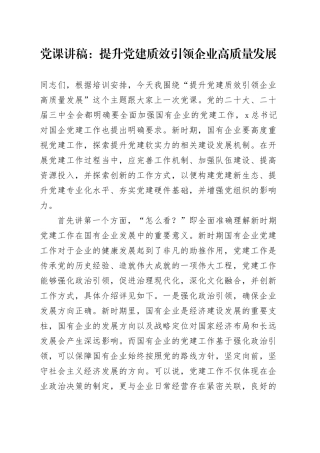 公司党课讲稿：提升党建质效 引领企业高质量发展