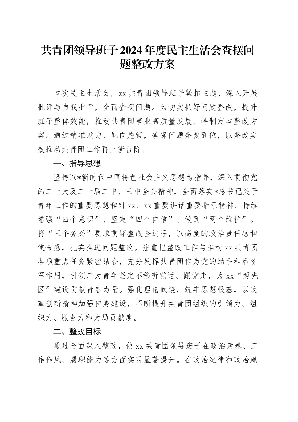 共青团2024年度民主生活会查摆问题整改方案_第1页
