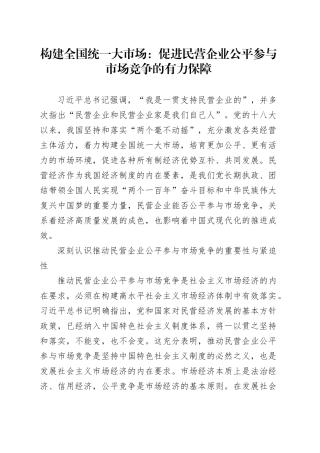 构建全国统一大市场：促进民营企业公平参与市场竞争的有力保障